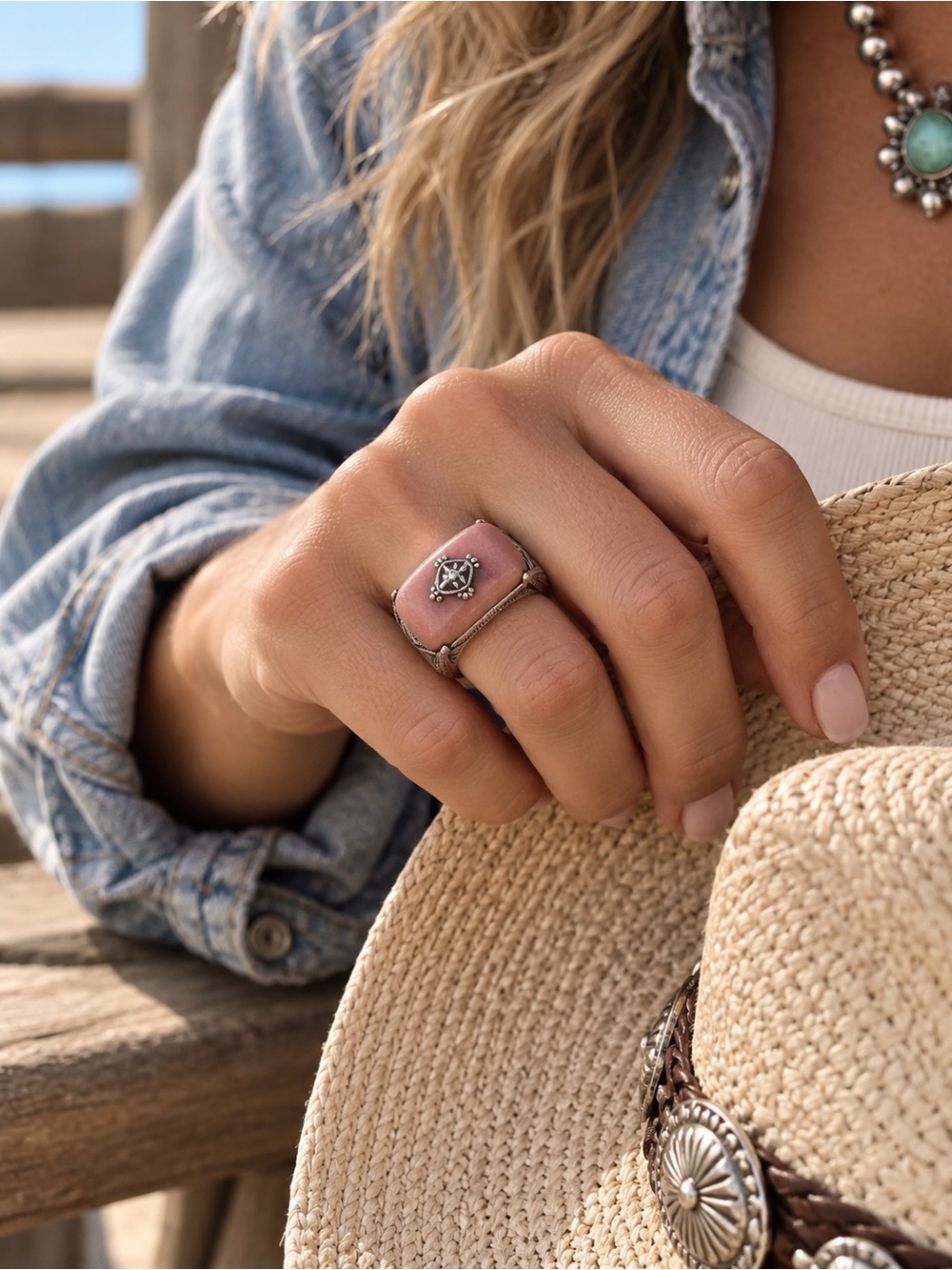 Silpada Hammered Sterling & Polished Pink Soapstone High Set Statement Ring